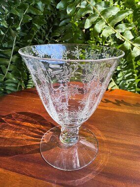 Vintage Fostoria Chintz Etched Crystal Oyster Cocktail Glass, Stem 6026 Etch 338